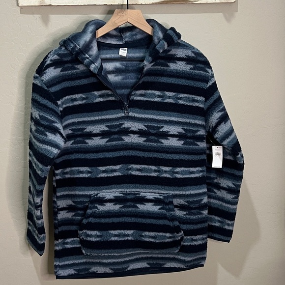 Old Navy Pullover Fleece Hoodie Boy Girls Adult High Pile Blue Aztec Geo 1/4 Zip - Picture 1 of 13